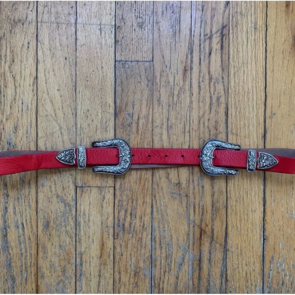 B-Low The Belt Bri Bri Red Leather Silver Western Style Double Silver Buckle - Picture 2 of 4